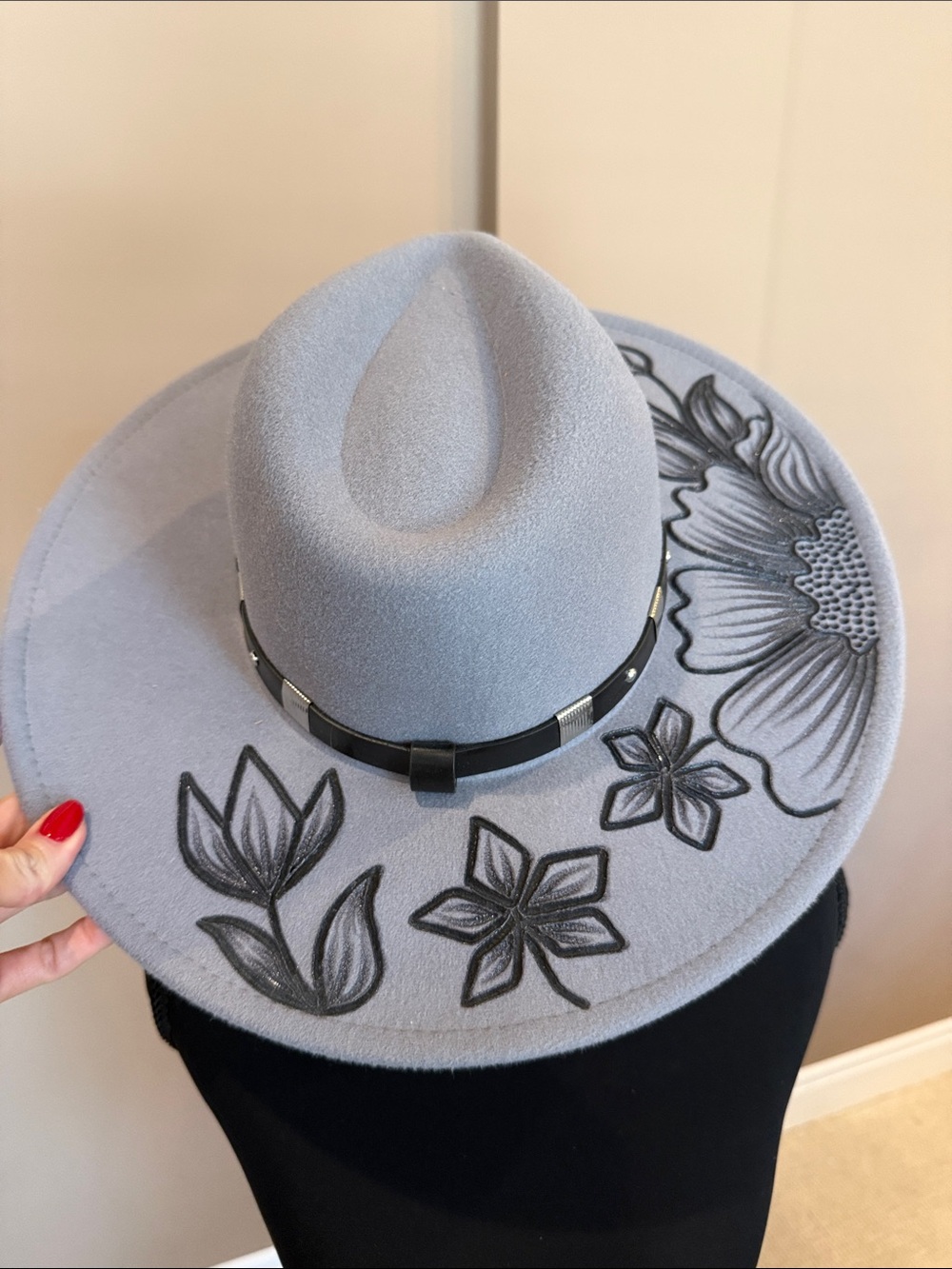 Light Gray Floral Felt Fedora Hat - Women Accessories - Picture 4 of 5